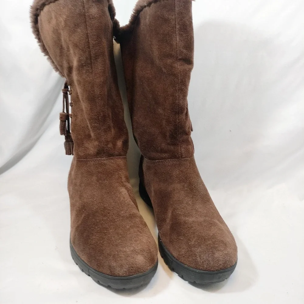 Lauren Ralph Lauren Brown Suede Tadina Boots; Shearling Trim Tassel Mid-Calf